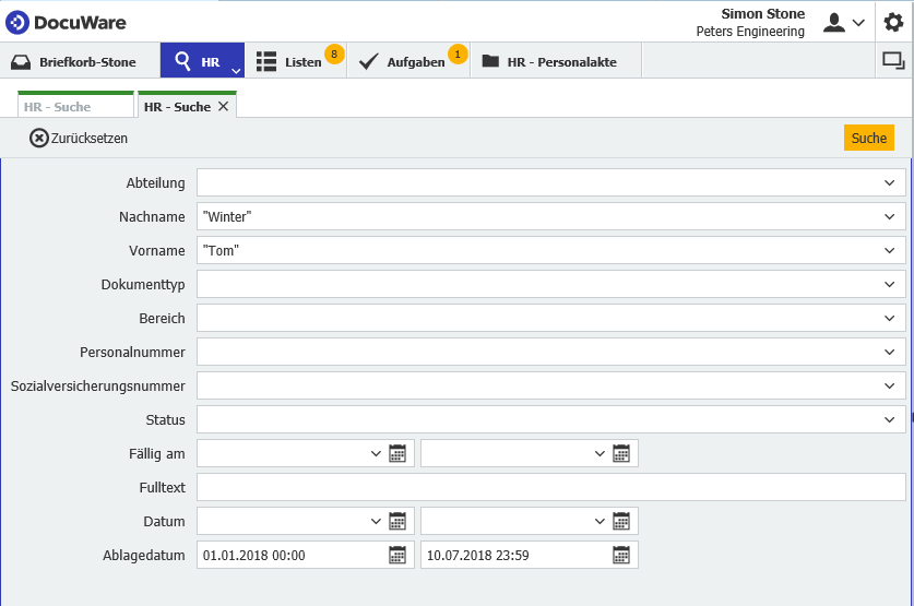 Beispiel einer Suche: alle Personaldokumente des Mitarbeiters Tom Winter aus diesem Jahr
